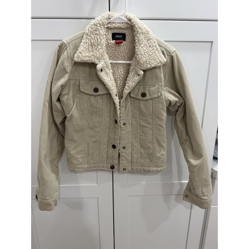 SF415 Womens M Corduroy Cropped Sherpa Jacket Cream Teddy Lined Trucker Y2K